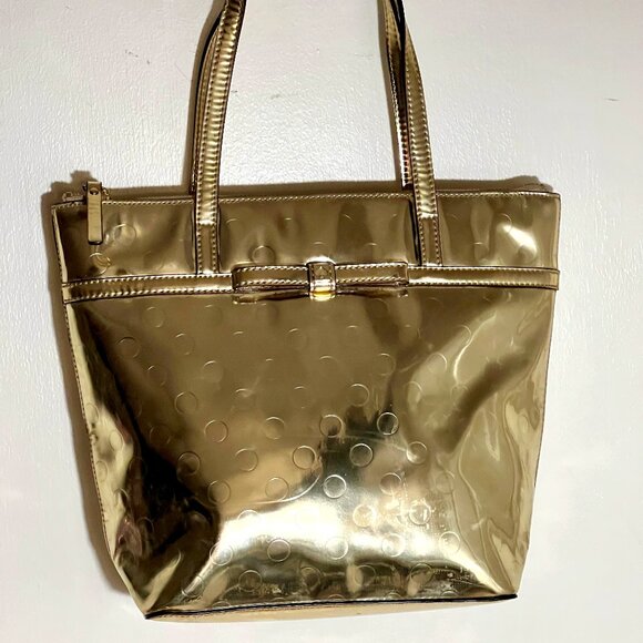 STUNNING KATE SPADE GOLD PATENT LEATHER W/POLKA DOTS-MED TOTE - Picture 1 of 7